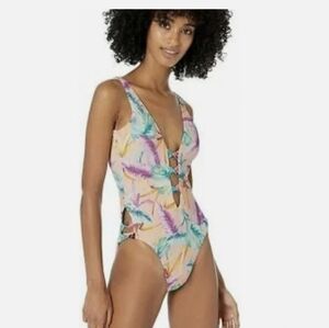 Bar III Copa cabana Pastel Pink Tropical-Print One-Piece SWIMSUIT Size M